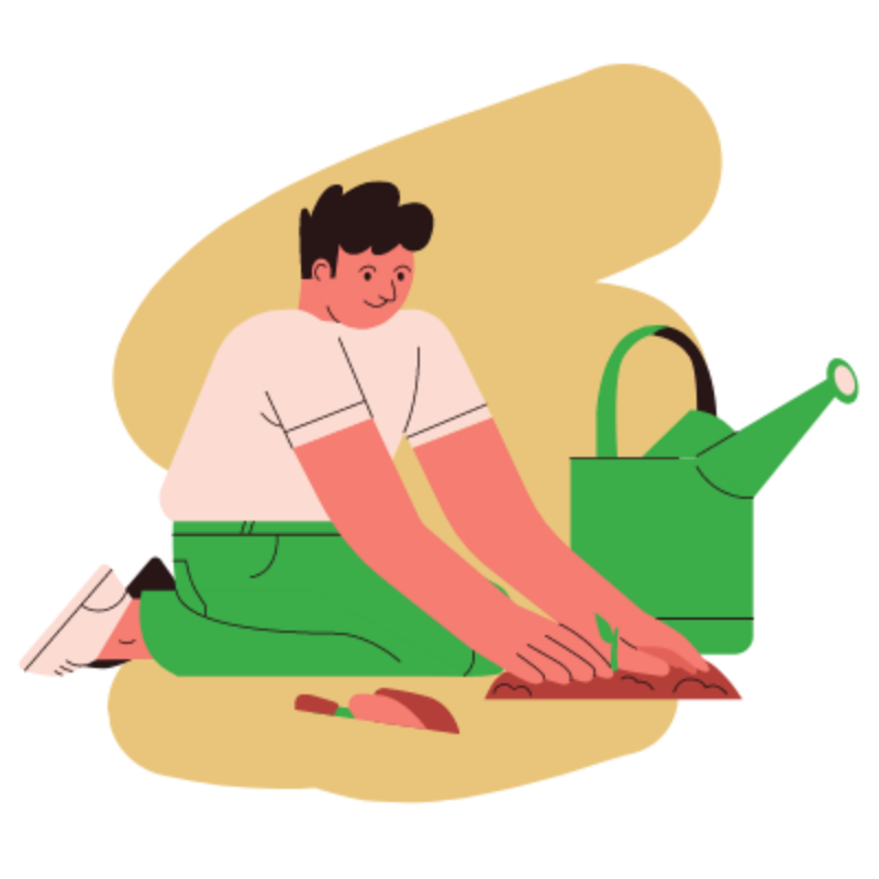 Graphic of person on knees planting with watering can nearby
